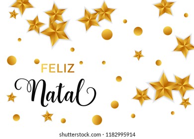 Feliz Natal Merry Christmas portuguese text. Christmas vector card with golden stars and round confetti on white background.