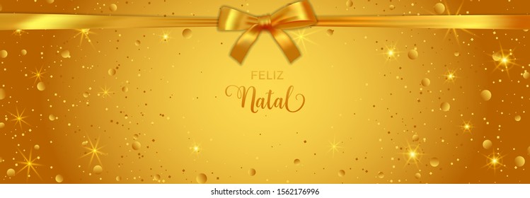 Feliz Natal Merry Christmas Portuguese text golden banner with decoration. Festive bokeh lights and confetti background.