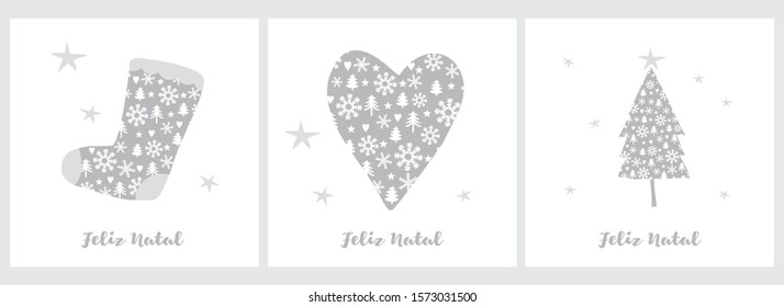 Feliz Natal - Protuguese Christmas Vector Illustrations with Gray Heart, Big Heart and Christmas Tree Isolated on a White Background.Simple Christmas Prints. Lovely Winter Holidays Vector Graphics.