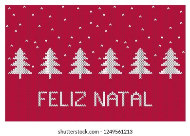 Feliz Natal-Merry Christmas Vector Illustration. Abstract White Christmas Trees. Knitted Fabric Style Design. Red and White Simple Art. Red Background. Sweater Like Motif. Scandinavian Sweater Style.