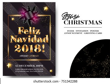 Feliz Navidad 2018 Merry Christmas in Spanish. Stylish Black Greeting Card Design. Vector Elegant Invitation Template. Xmas Celebration. Dark Background with Shining Text and Gold Glitter Stripes.