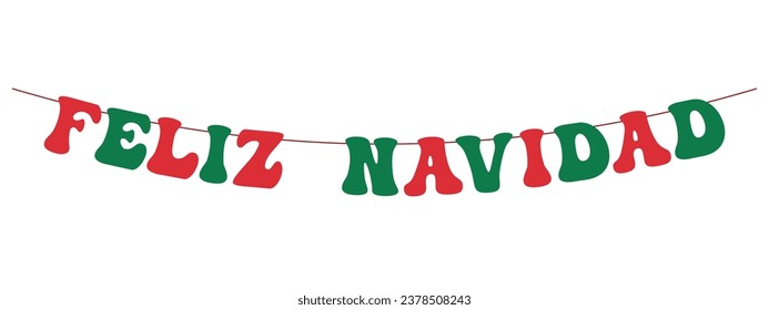 Feliz Navidad-Banner, grüne und rote Großbuchstaben an einer Saite hängen, winterliches, dekoratives Vektorelement