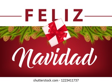 Feliz Navidad bright poster design. Inscription with gift, cone, fir tree branches on white and red background. Can be used for postcards, banners, greetings