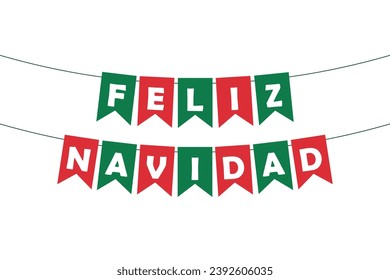 feliz navidad bunting garland, green and red pennants and white letters, party banner, vector decorative element