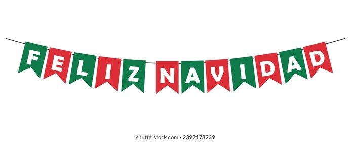 guirnaldas de navidad, pennants felices rojos y verdes con letras blancas, banner de letras de fiesta española, elemento decorativo vectorial