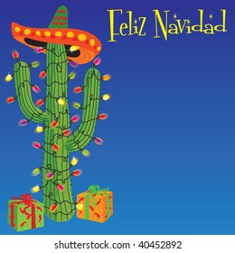 Feliz Navidad! Cactus wrapped with christmas lights and Sombrero