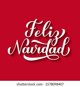 Feliz Navidad calligraphy hand lettering with shadow on red background. Merry Christmas typography poster in Spanish. Easy to edit vector template for greeting card, banner, flyer, invitation, etc.