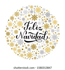 Feliz Navidad calligraphy hand lettering with gold and silver snowflakes, stars and dots. Merry Christmas typography poster in Spanish. Vector template for greeting card, banner, flyer, sticker, etc.