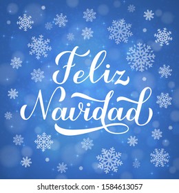 Feliz Navidad calligraphy hand lettering on blue background with bokeh and snowflakes. Merry Christmas typography poster in Spanish. Easy to edit vector template for greeting card, banner, flyer, etc.