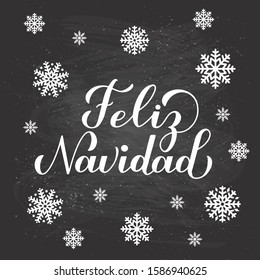 Feliz Navidad calligraphy hand lettering on chalkboard background with snowflakes. Merry Christmas typography poster in Spanish. Vector template for greeting card, banner, flyer, postcard.