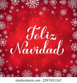 Feliz Navidad calligraphy hand lettering on red background with bokeh and snowflakes. Merry Christmas typography poster in Spanish. Vector template for greeting card, banner, flyer, etc