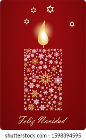 Feliz Navidad candle vector with snowflakes, stars and spanish greetings.
Translation Spanish to English: Feliz Navidad is Merry Christmas.
On red background.