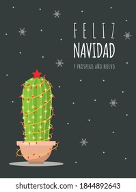 Feliz navidad card with cute christmas cactus. Season greetings. Vector illustration in flat style. Nordic vintage postcard. New year design for poster, banner, flyer.