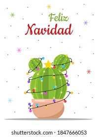 Feliz navidad card with cute christmas cactus. Season greetings. Vector illustration in flat style. Nordic vintage postcard. New year design for poster, banner, flyer.