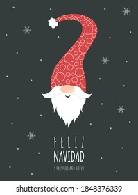 Feliz navidad card with cute scandinavian gnome in red hat. Season greetings. Merry christmas and happy New year. Vector illustration in flat style. Nordic vintage postcard.