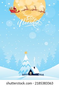 Feliz navidad card. Winter forest landscape, snow-covered small house with a Christmas tree, Papa Noel flies in a sleigh with deer through the sky. Vector cartoon full color poster.