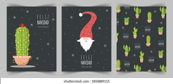 Feliz navidad cards with cute christmas elf and cactuses. Season greetings. Vector illustration in flat style. Nordic vintage postcard. New year design for poster, banner, flyer.