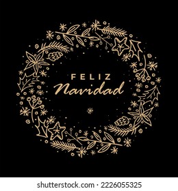 Feliz navidad. Christmas banner, vector illustration. Poster, card for social media, networks with copy space. Text in Spanish merry Christmas, wreath of stars, holly, fir branches on black background