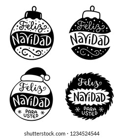 Feliz Navidad Christmas Greeting In Calligraphy Hand Lettering, With Ornaments And Decorative Elements, In Black And White In Spanish