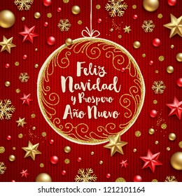 Feliz navidad - Christmas greetings in Spanish. Holiday greeting in a ornate frame and Christmas decoration on a knitted red background.