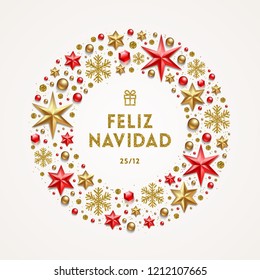 Feliz navidad - Christmas greetings in Spanish. Frame in the form of Christmas wreath made from stars, ruby gems, golden snowflakes, beads and glitter gold.