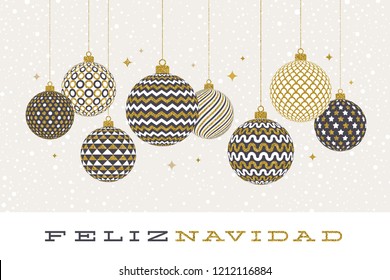 Feliz navidad - Christmas greetings in Spanish - patterned golden baubles on a white  background. Vector illustration.