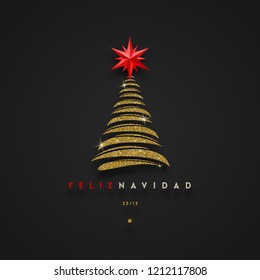 Feliz navidad - Christmas greetings in Spanish - abstract glitter gold christmas tree with red star. Vector illustration.