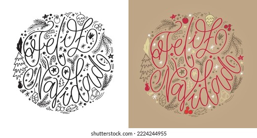 Feliz Navidad Christmas in Spain Noel Christmas banner on different languages. Xmas lettering design Spanish words greeting card. Navidad Postcard in Spanish. Christmas lettering Xmas Background