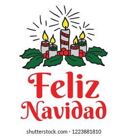 Feliz Navidad Christmas Vector - Merry Christmas in Spanish - Xmas Cartoon Drawing Clipart - Candles Burning Fire Illustration