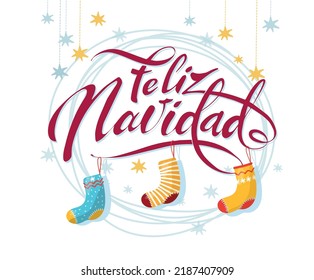 Feliz navidad, christmas wish, handwritten lettering with gift socks. Decorated lettering for card, congratulation, festive winter design, sticker isolated on white background.