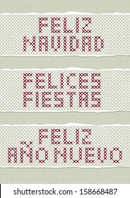 Feliz Navidad Felices Fiestas Feliz Ano Nuevo spanish Christmas New Year wishes stitched embroidered red gray torn text set on light background 