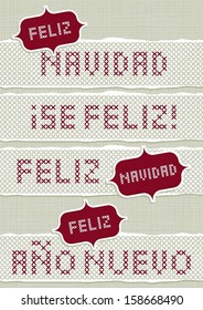 Feliz Navidad Felices Fiestas Feliz Ano Nuevo spanish Christmas New Year wishes with vintage frames stitched embroidered red gray torn text set on light background 