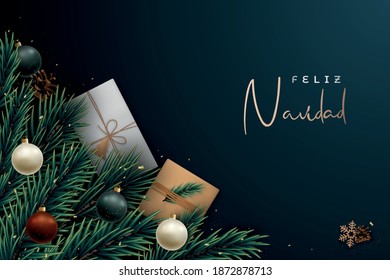 Feliz Navidad festive banner, Merry Christmas on spanish. Vector template with realistic fir tree branches, shiny baubles, glitter and gift boxes.