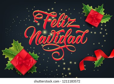 Feliz Navidad festive card design. Christmas gifts, ribbons and mistletoe leaves on sparkling black background. Template can be used for banners, flyers, posters