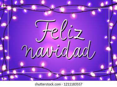 Feliz Navidad festive poster design. Christmas lights and frame on violet background. Template can be used for banners, greeting cards, flyers