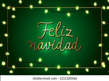 Feliz Navidad festive poster design. Christmas garlands and frame on green background. Template can be used for banners, greeting cards, flyers