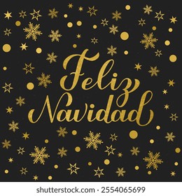 Feliz Navidad glitter textured lettering gold snowflakes, stars and dots on black background. Merry Christmas typography poster in Spanish. Vector template for greeting card, banner, flyer, postcard