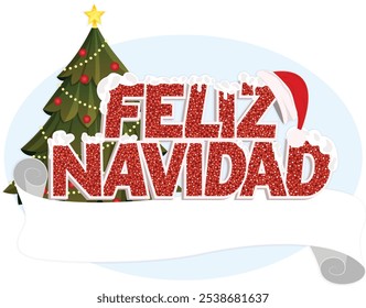 Feliz Navidad Gráfico de texto brillante con nieve, árbol de Navidad y Anuncio vacío para el Espacio para texto. Feliz Navidad Español Festiva Saludos 