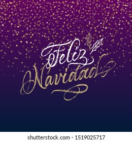 Feliz Navidad golden confetti background. Christmas greeting card in Spanish.