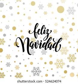 Feliz Navidad golden glitter Text kalligrafisch spanischen Weihnachtsschreiben Grußkarte mit goldenen und silbernen Weihnachtsschmuck Dekoration von Schneeflocken und Punkten. Golden Feliz Navidad