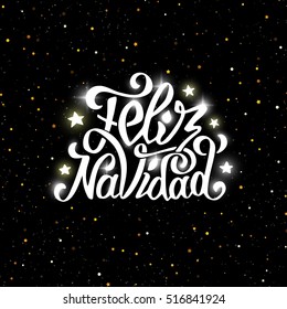 Feliz Navidad greetings with glowing text on black background with color glitters. Merry Christmas vector greeting card with typography label in spanish.