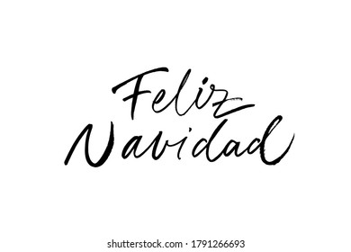 Feliz Navidad hand drawn calligraphy in Spanish. Merry Christmas black brush lettering isolated on white background. Christmas holiday quote, vector text for greeting card, banner, posters.