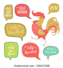 Feliz Navidad hand lettering Christmas and New Year holiday calligraphy on Spanish. Vector winter holiday background with hand lettering calligraphy, rooster, speech bubble elements.