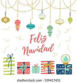 Feliz Navidad hand lettering Christmas and New Year holiday calligraphy on Spanish.Vector winter holiday background with hand lettering calligraphy, confetti, balls, garland elements