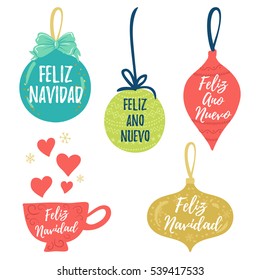 Feliz Navidad hand lettering Christmas and New Year holiday calligraphy on Spanish. Vector winter holiday background with hand lettering calligraphy, balls, cup elements.