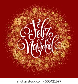 Feliz Navidad hand lettering decoration text for greeting card design template. Merry Christmas typography label in spanish. Calligraphic inscription for winter holidays Vector illustration EPS10