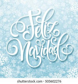 Feliz Navidad hand lettering decoration text for greeting card design template. Merry Christmas typography label in spanish. Calligraphic inscription for winter holidays Vector illustration EPS10