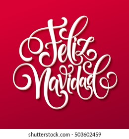 Feliz Navidad hand lettering decoration text for greeting card design template. Merry Christmas typography label in spanish. Calligraphic inscription for winter holidays. Vector illustration