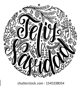 Feliz Navidad Hand Lettering Greeting Card. Feliz Navidad translated from Spanish Merry Christmas lettering. Vector Illistration. Modern Calligraphy.