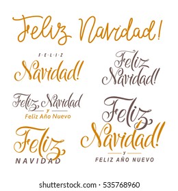 Feliz Navidad Hand Lettering Text Set. Greeting Card Design Template. Merry Christmas and Happy New Year Typography Label in spanish. Vector illustration EPS10